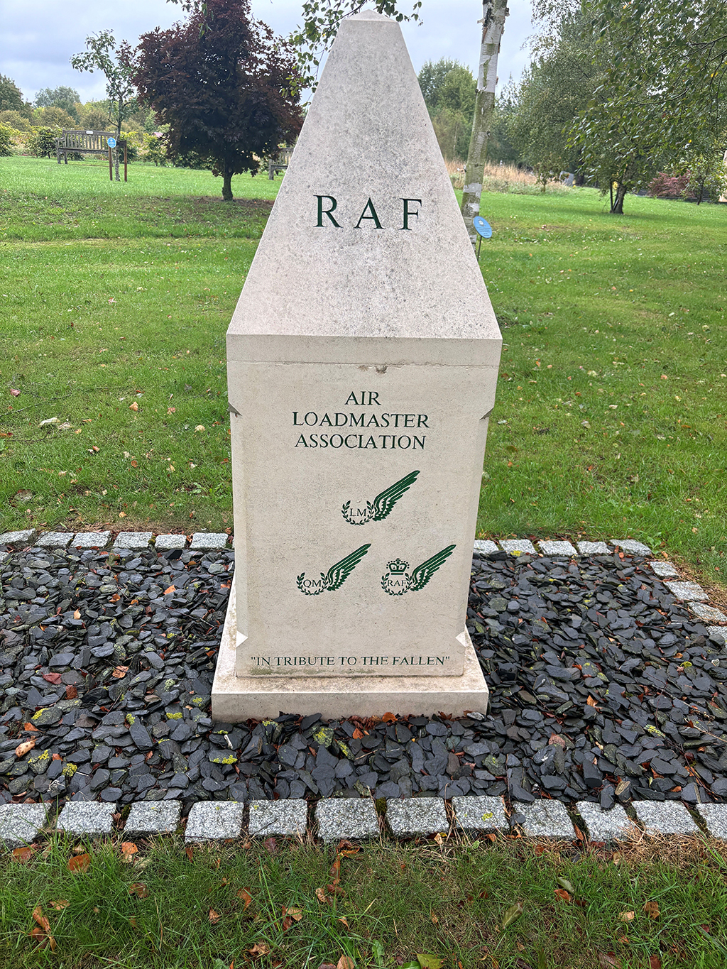 Memorial short obelisk, bearing the words, 'RAF Loadmaster Association', and on a separate line at its base, 'In tribute to the fallen'.